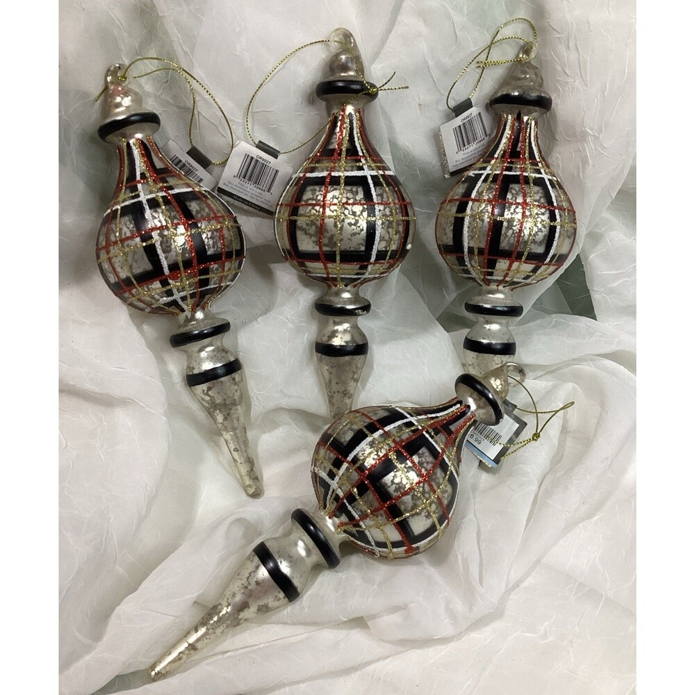 Mercury Glass Finial Christmas Plaid Ornaments X4 Black, Red, Gold & Silver 9"